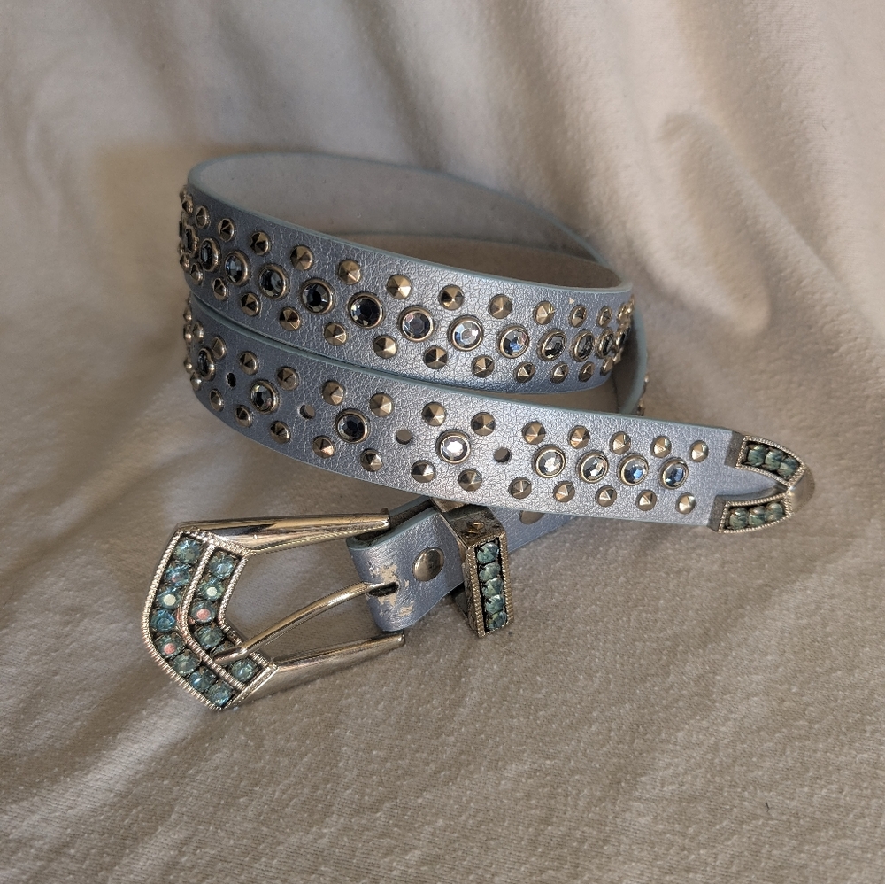 Metalic Blue Leather Belt with Crystal Bling